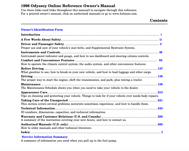 Page 1 of the manual User Manual Honda Odyssey (1998)