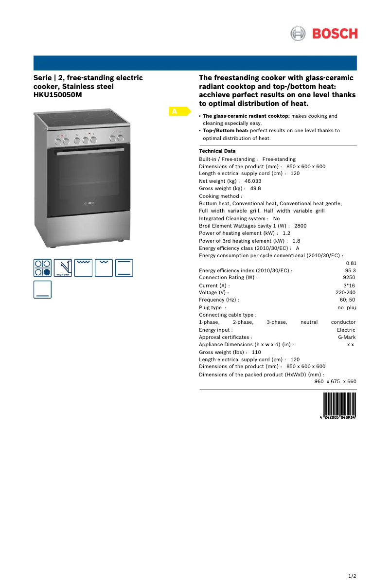 Page 1 of the manual Technical Sheet Bosch HKU150050M