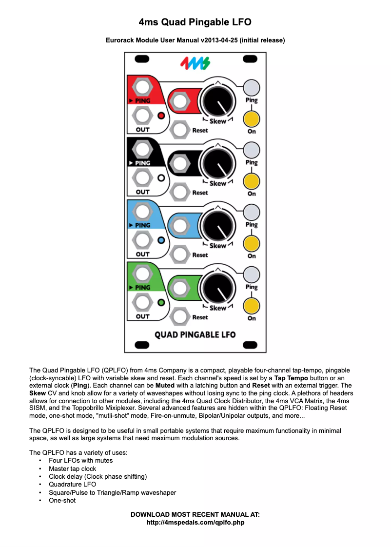 Page 1 of the manual User Manual 4ms Quad Pingable LFO