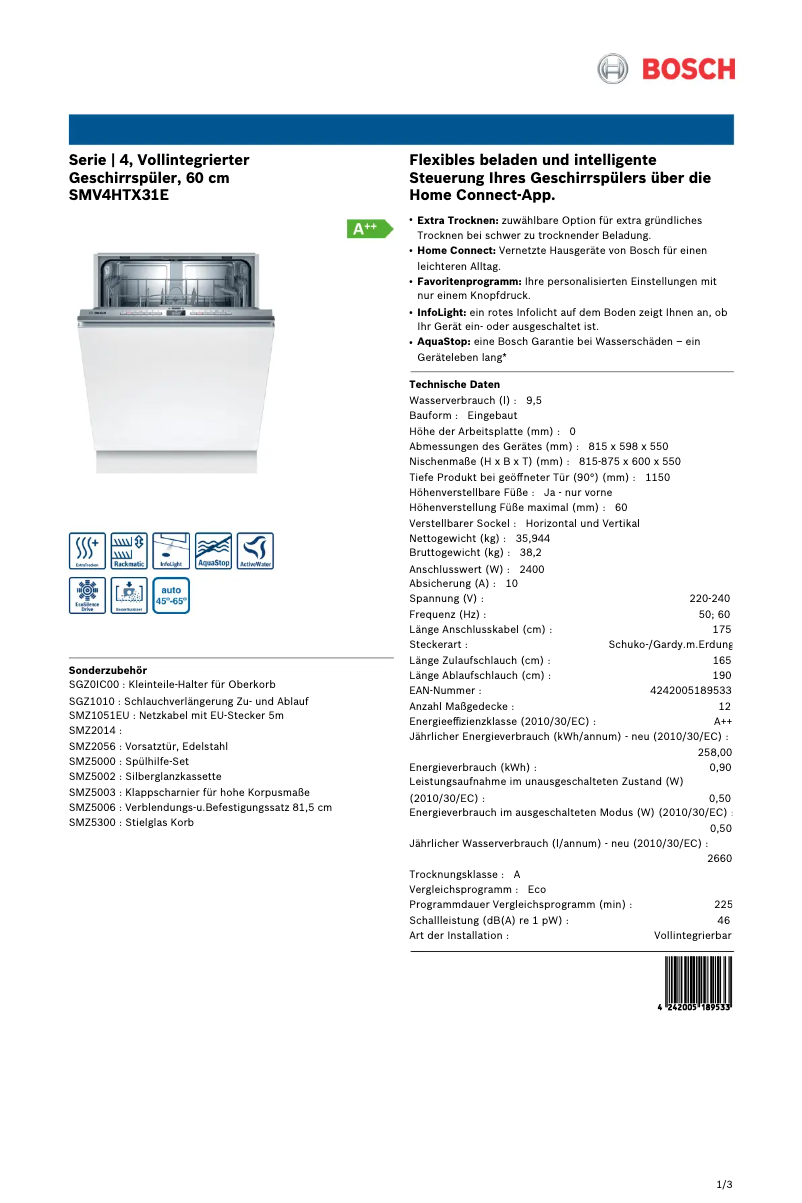 Page 1 of the manual Energy Label Bosch Serie 4 SMV4HTX31E