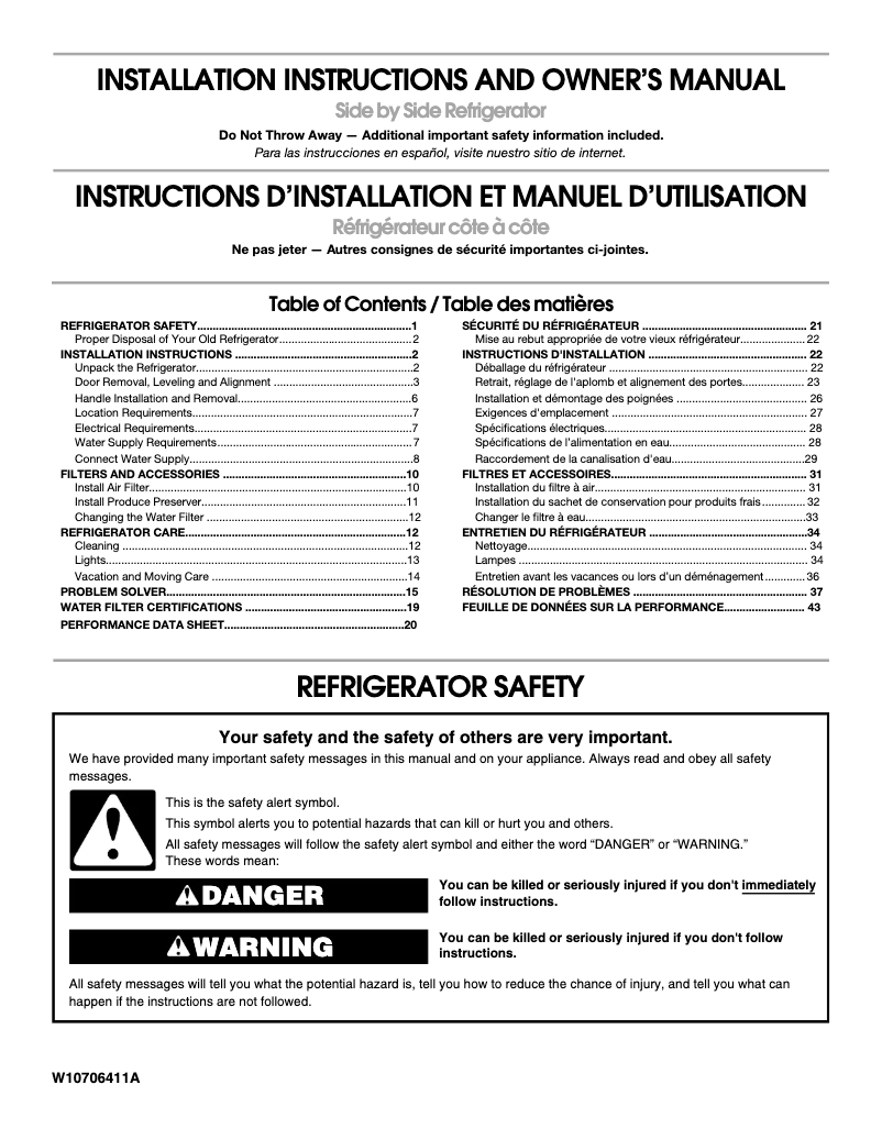 Page 1 of the manual Installation Guide Whirlpool WRS975SID