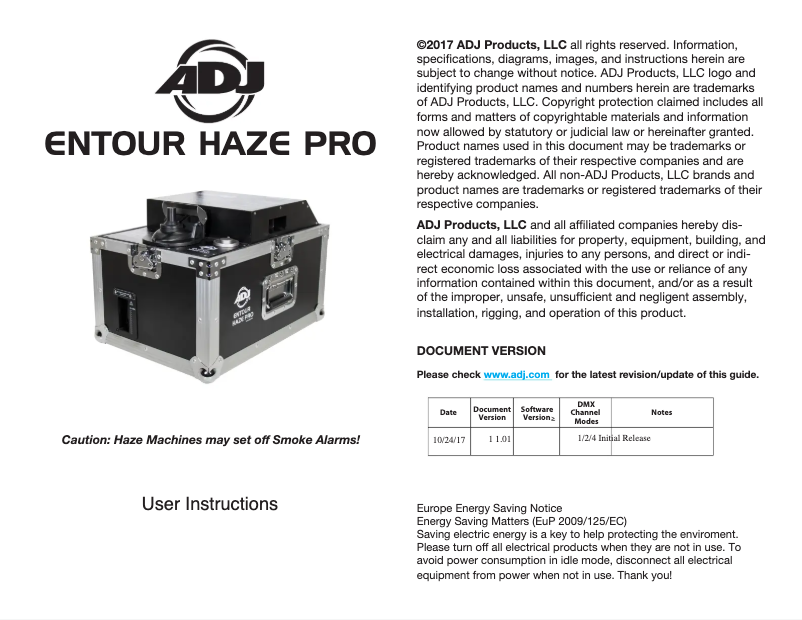 Page 1 of the manual User Manual Adj Entour Haze Pro