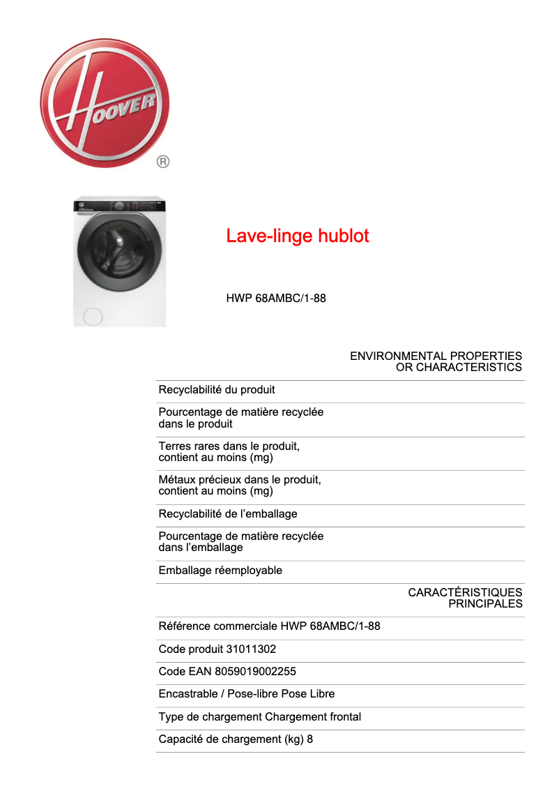 Page 1 of the manual Technical Sheet Hoover HWP 68AMBC/1-88