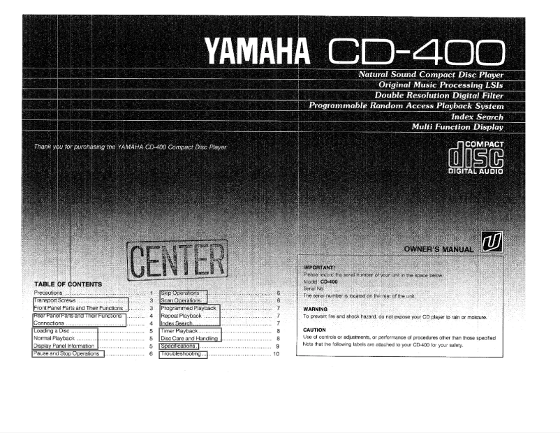 First page image of the manual for CD-400