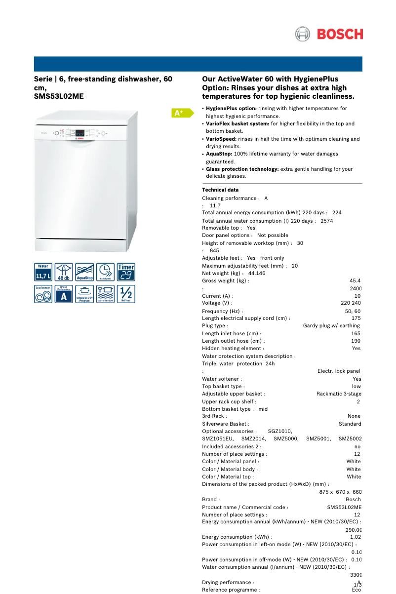 Page 1 of the manual Technical Sheet Bosch SMS53L02ME