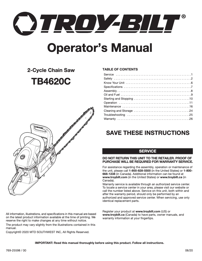Page 1 of the manual User Manual Troy-Bilt TB4620C XP