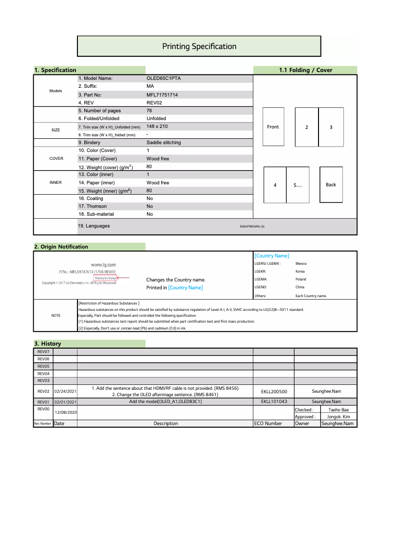 First page image of the manual for OLED55C1PVB