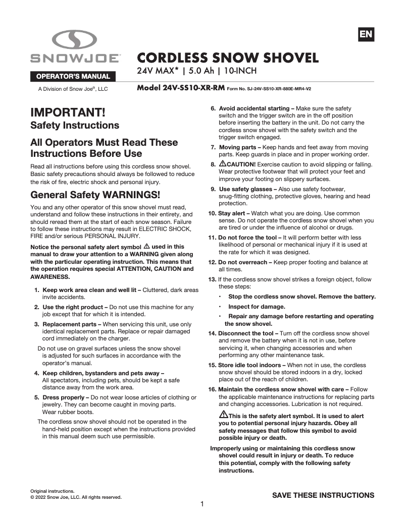Page 1 of the manual User Manual Snow Joe 24V-SS10-XR-RM