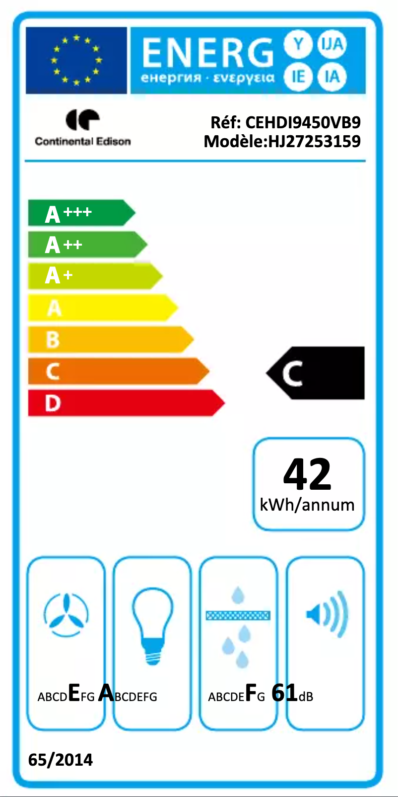 Page 1 of the manual Energy Label Continental Edison CEHDI9450VB9