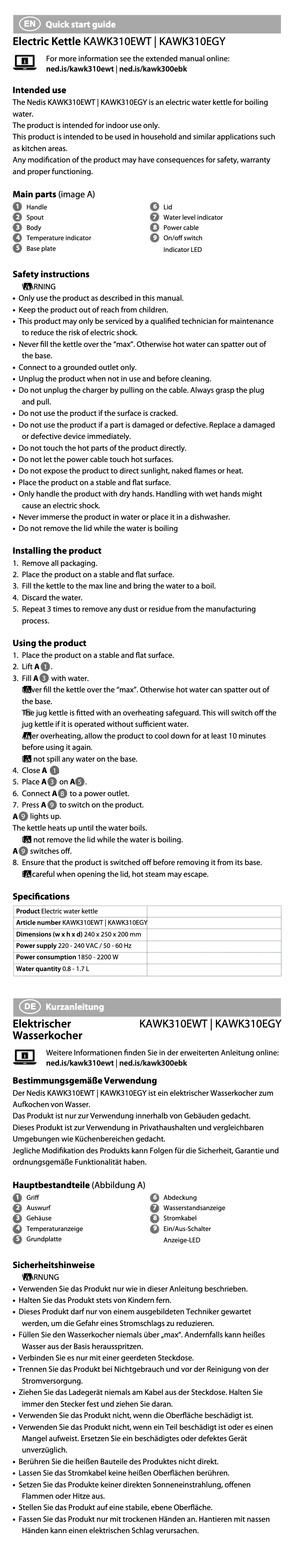 Page 1 of the manual User Manual Nedis KAWK310EGY