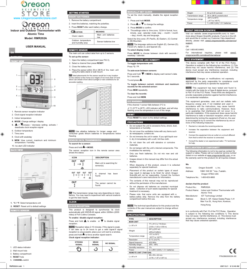 Page 1 of the manual User Manual Oregon Scientific RMR202A