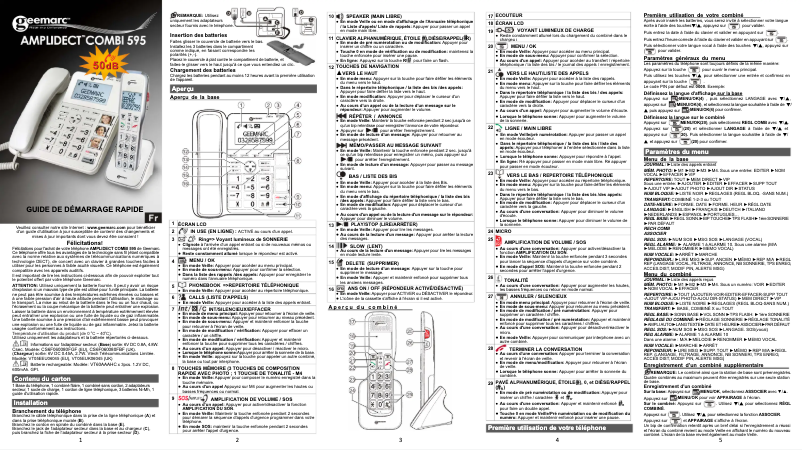 Page 1 of the manual Quick Start Guide Geemarc Amplidect Combi 595