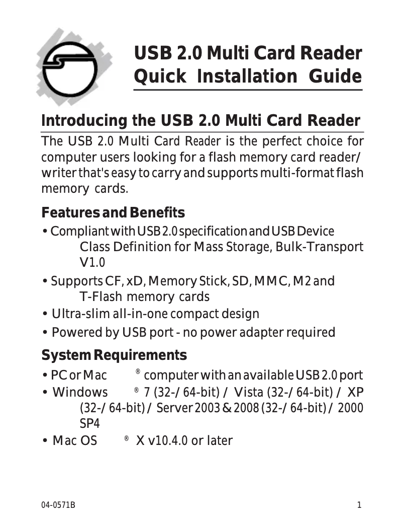 Page 1 de la notice Manuel utilisateur Siig JU-MR0412-S1
