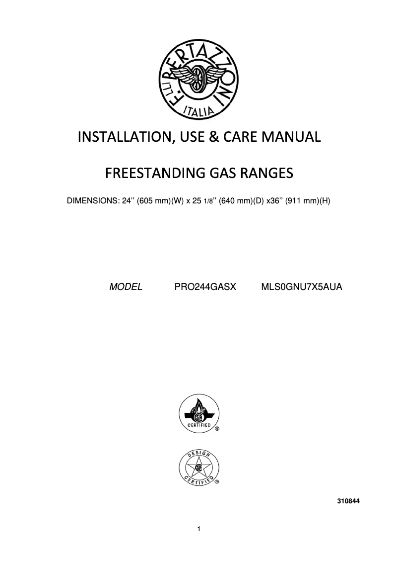 Page 1 of the manual User Manual Bertazzoni PRO244GASX