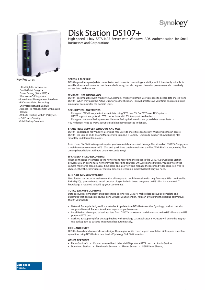 Page 1 of the manual Technical Sheet Synology DiskStation DS107+