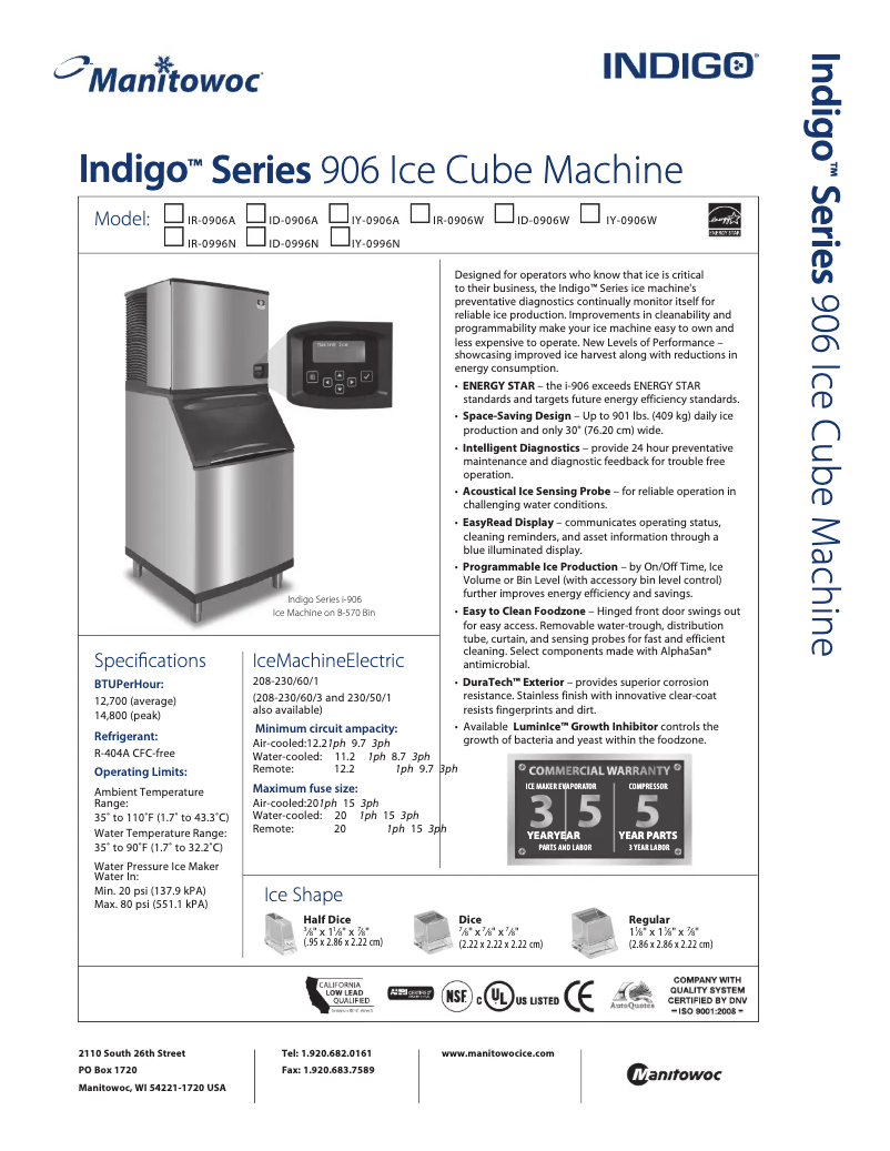 Page 1 de la notice Fiche technique Manitowoc ID-0996N