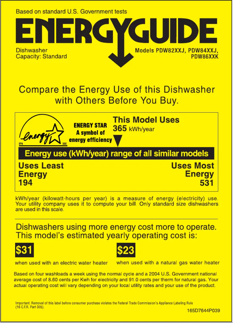 Page 1 of the manual Energy Label GE Profile PDW8400JWW