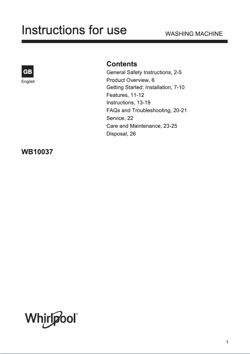 Page 1 of the manual Instruction Manual Whirlpool WB10037