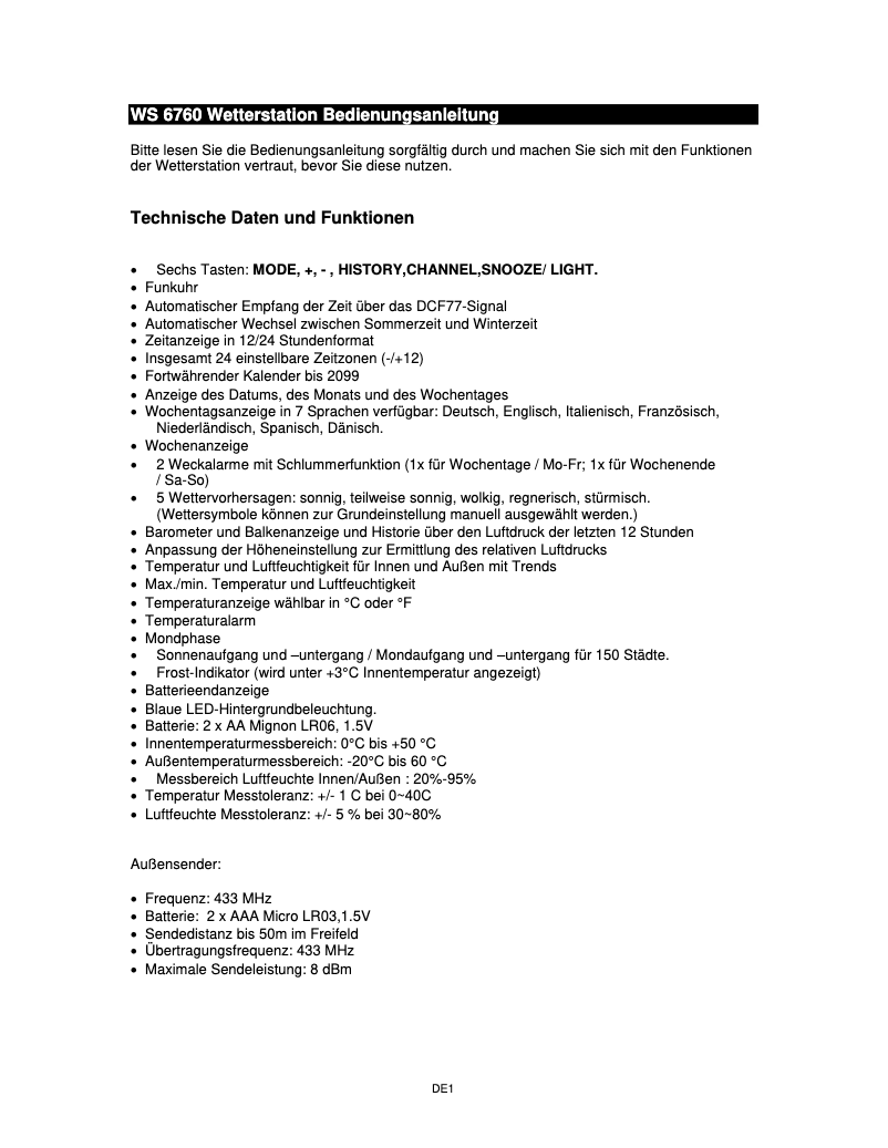 First page image of the manual for WS 6760