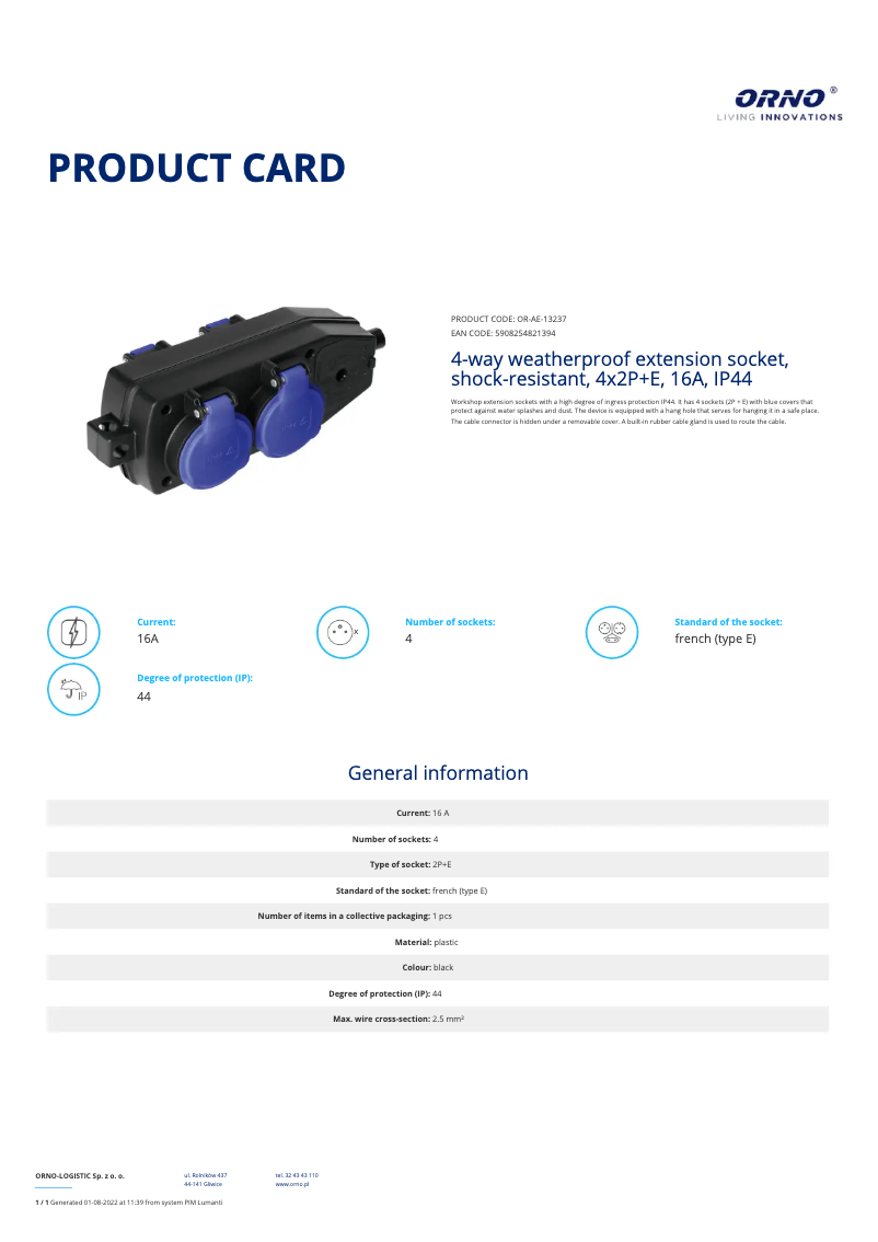Page 1 de la notice Fiche technique ORNO OR-AE-13237