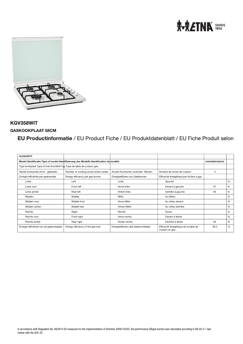 Page 1 of the manual Technical Sheet Etna KGV358WIT