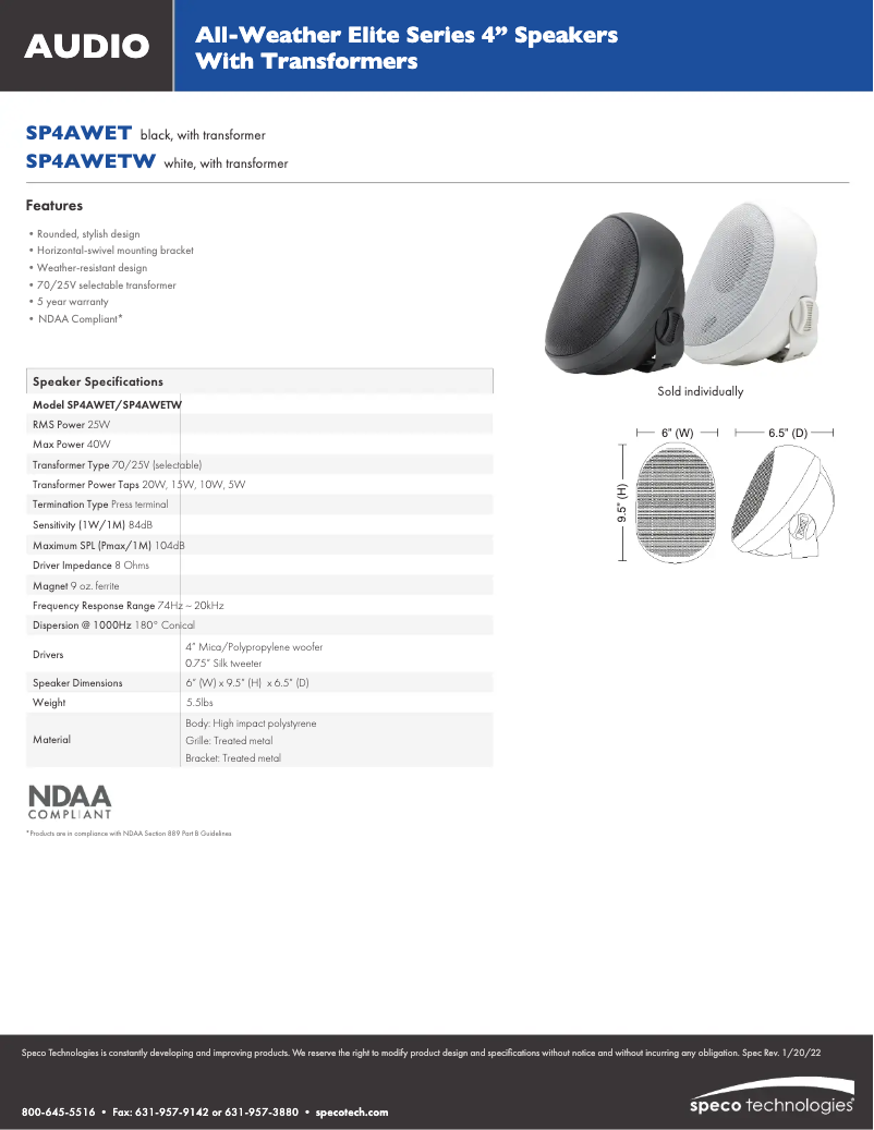 Page 1 of the manual Technical Sheet Speco Technologies SP4AWETW
