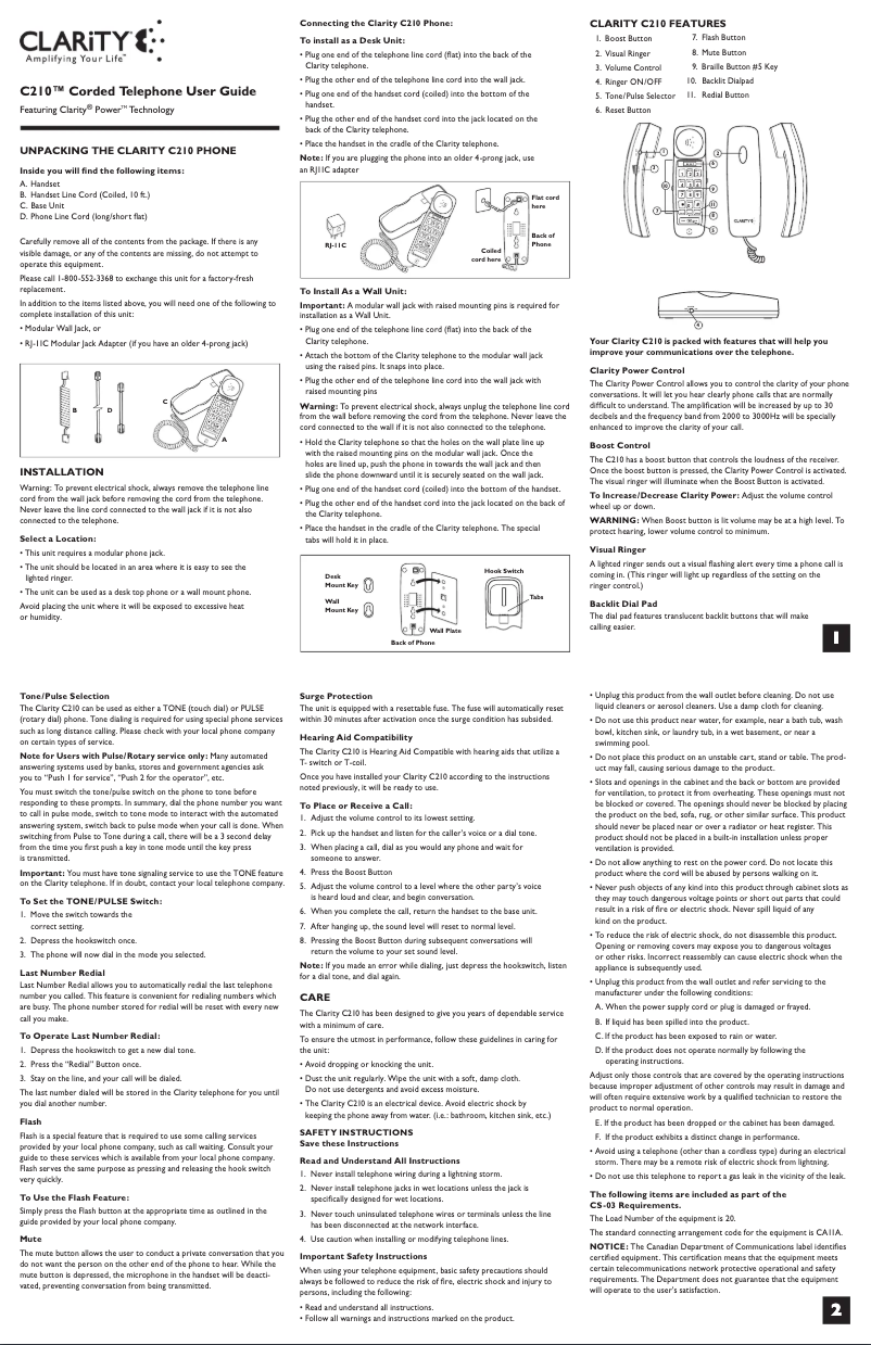 Page 1 of the manual User Manual Clarity C210