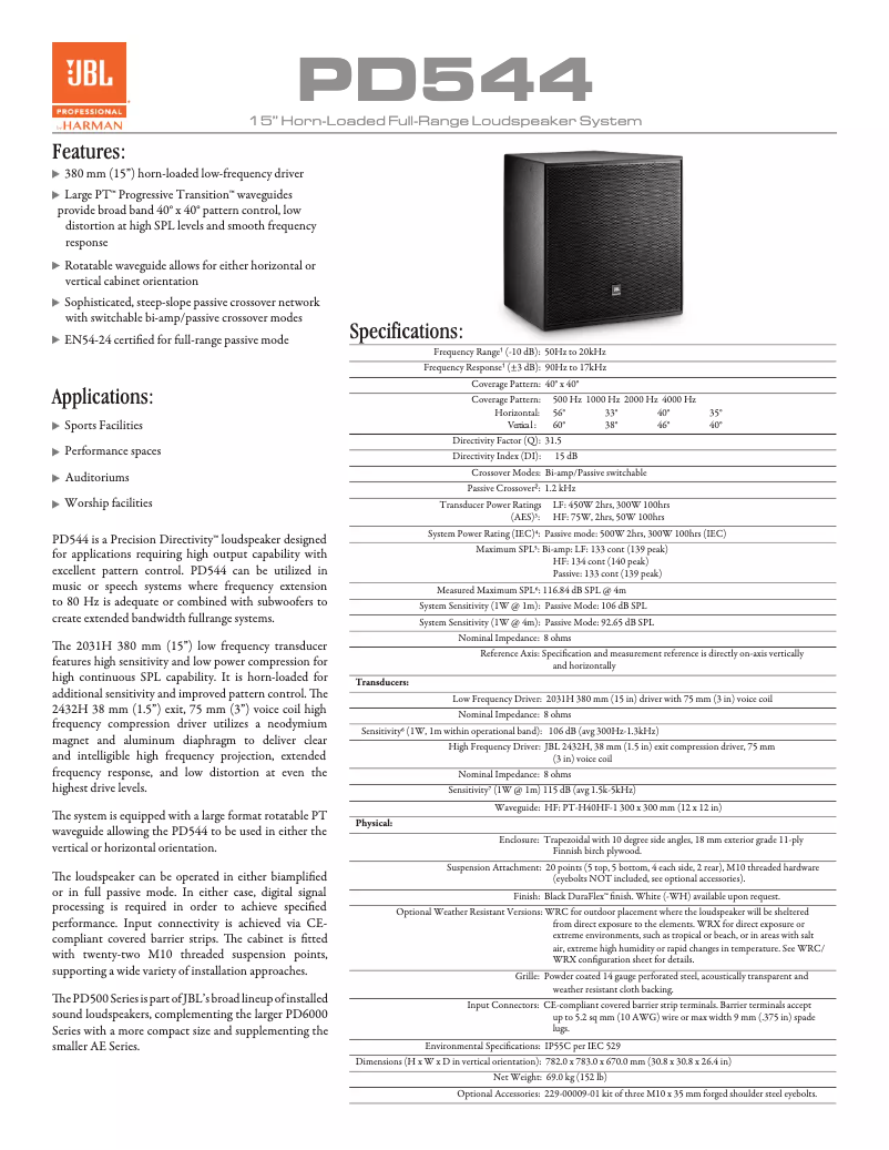 Page 1 of the manual Technical Sheet JBL PD544