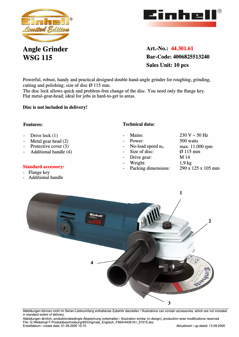 Page 1 of the manual Technical Sheet Global WS-G 115