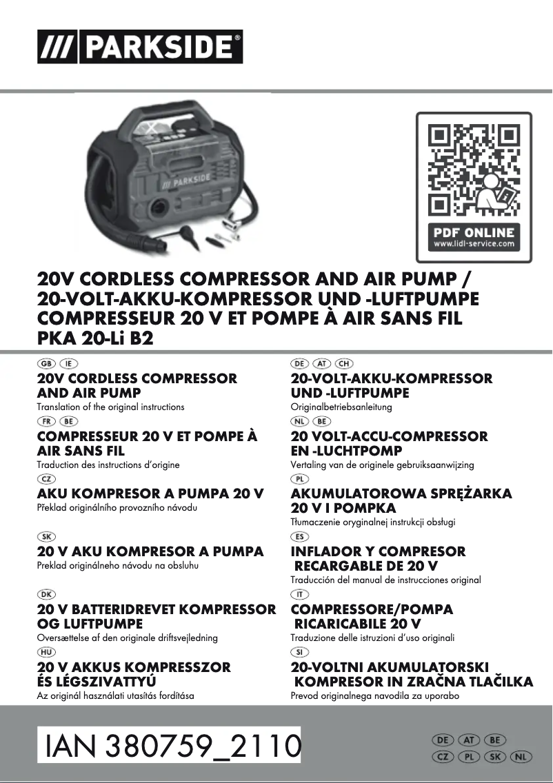 Page 1 of the manual User Manual Parkside PKA 20-Li B2