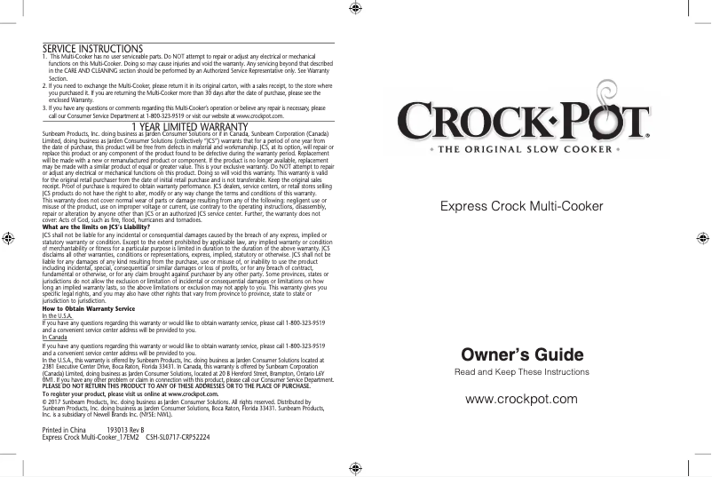 First page image of the manual for Express Crock SCCPPC600-V1