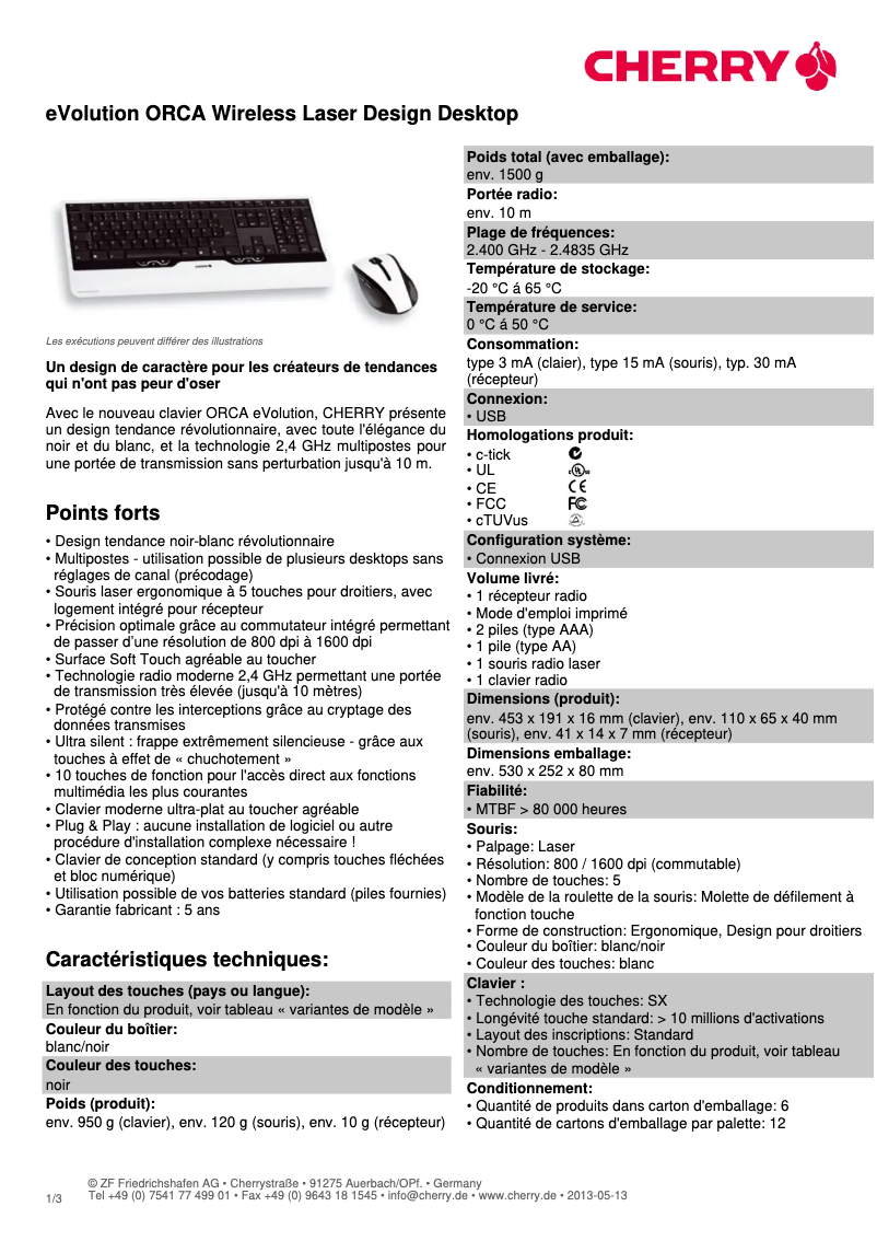 Page 1 of the manual Technical Sheet Cherry eVolution ORCA