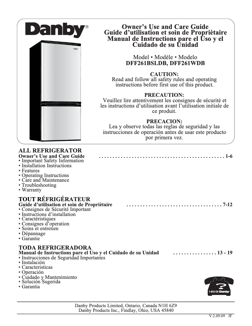 Page 1 of the manual User Manual Danby DFF261BSLDB