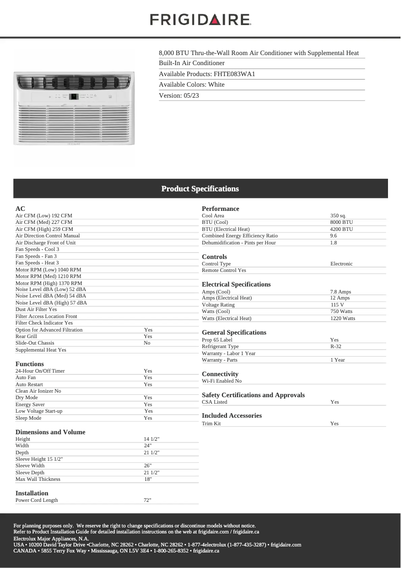 First page image of the manual for FHTE083WA1