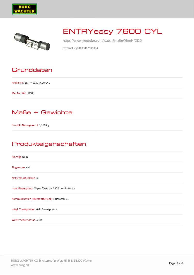 Page 1 of the manual Technical Sheet Burg Wächter ENTRYeasy 7600 CYL