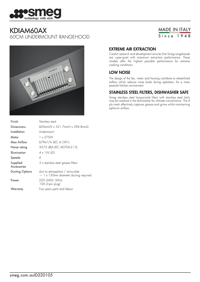 Page 1 of the manual Technical Sheet Smeg KDIAM60AX