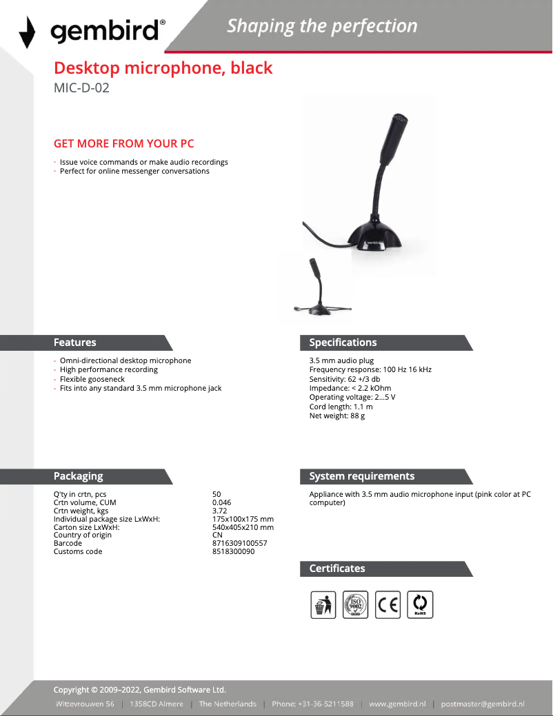 Page 1 of the manual User Manual Gembird MIC-D-02