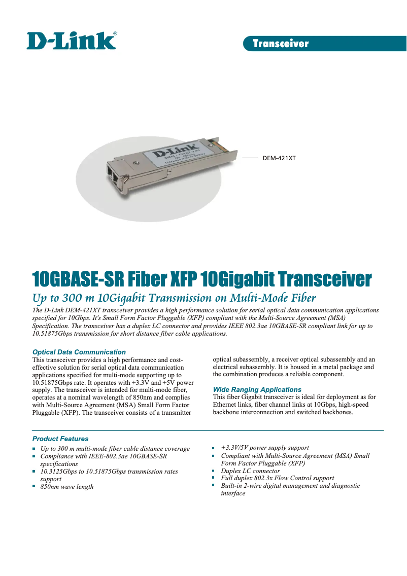Page 1 of the manual Technical Sheet D-Link DEM-421XT