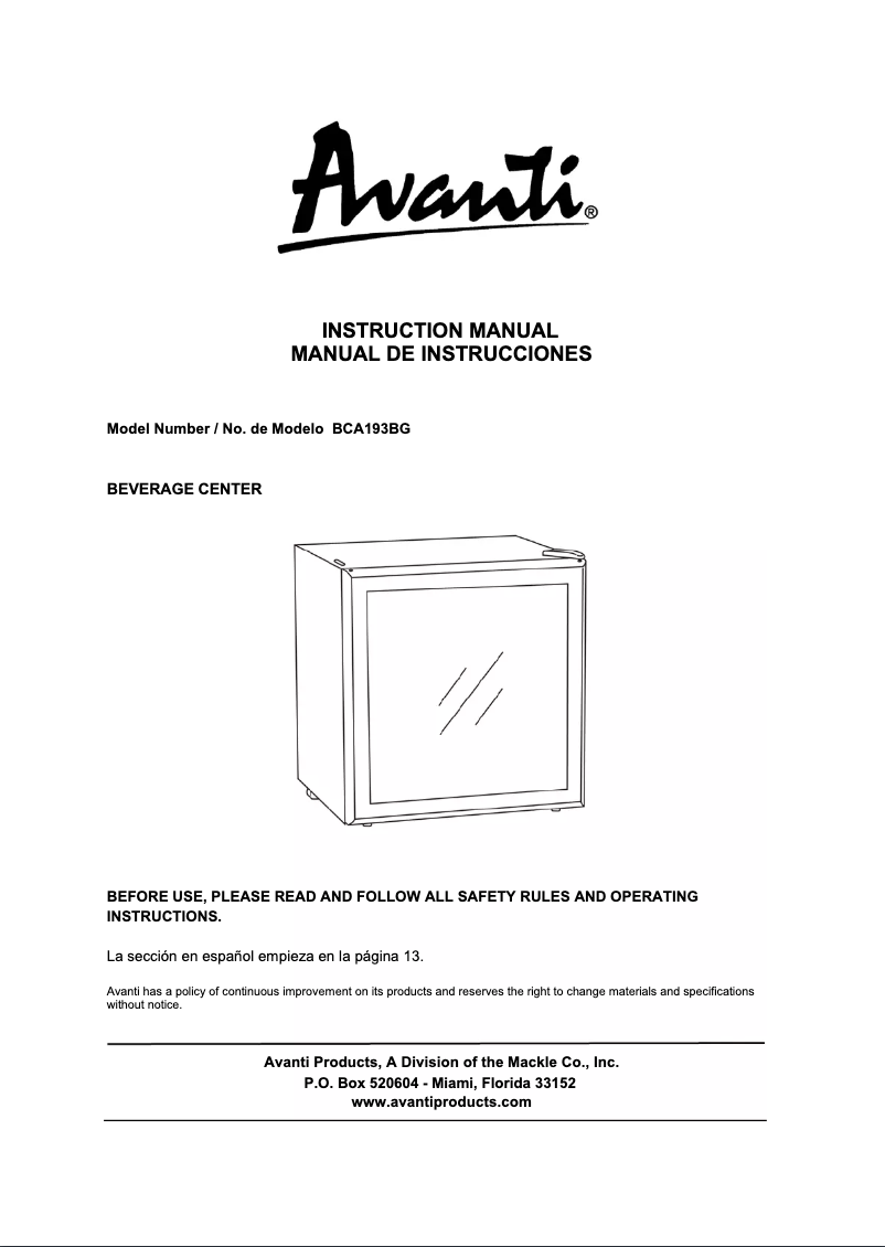 Page 1 of the manual User Manual Avanti BCA193BG