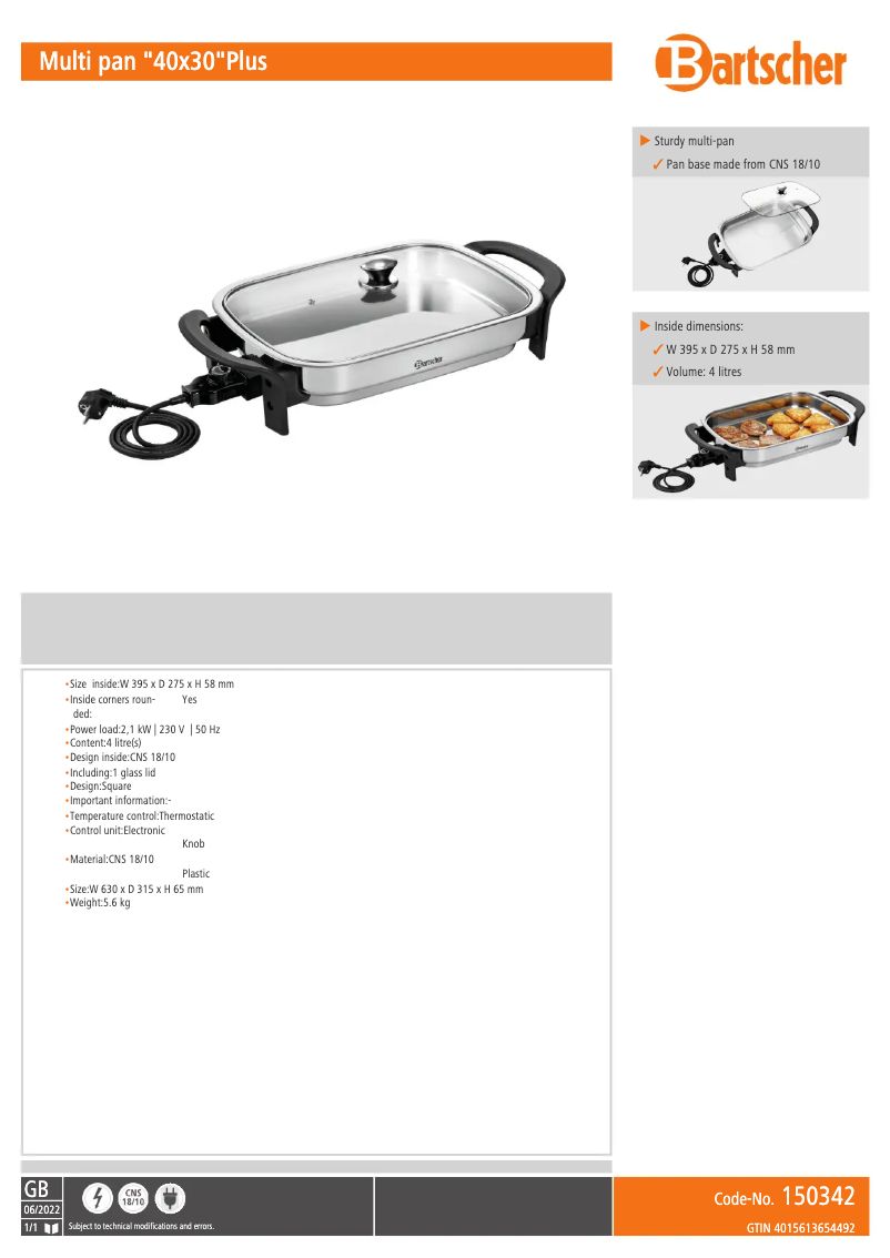 Page 1 of the manual Technical Sheet Bartscher 150342