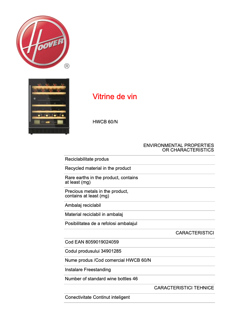 Page 1 of the manual Technical Sheet Hoover HWCB 60/N