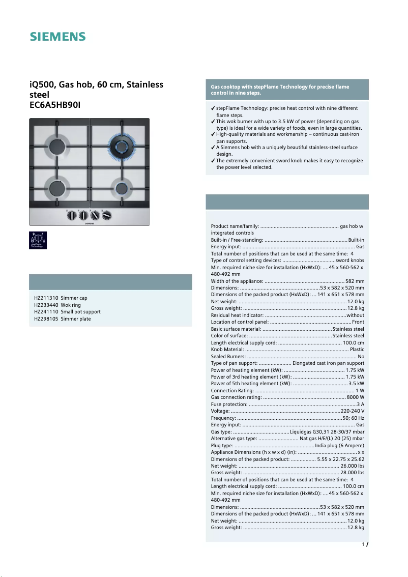 Page 1 of the manual Technical Sheet Siemens EC6A5HB90I