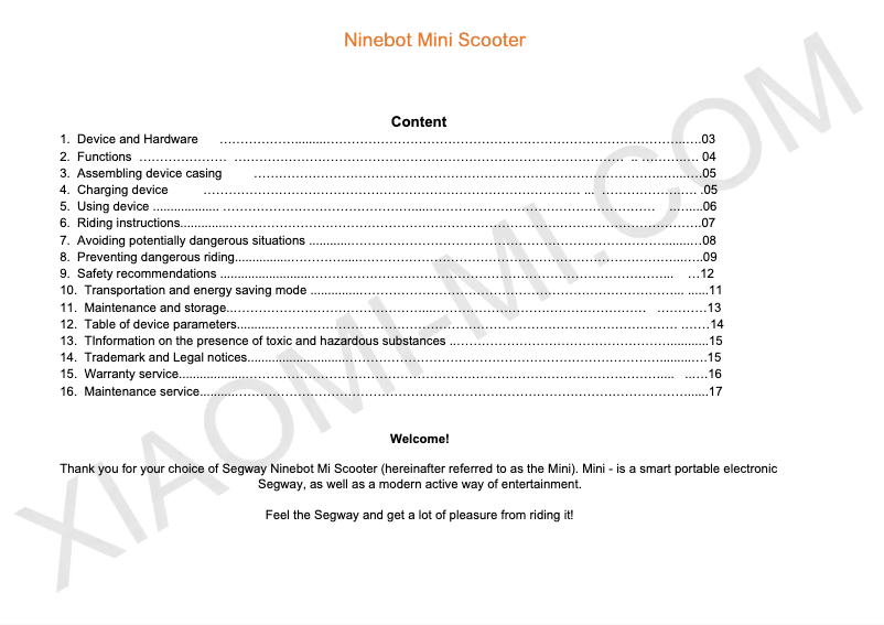 Page 1 of the manual User Manual Xiaomi Ninebot Mini