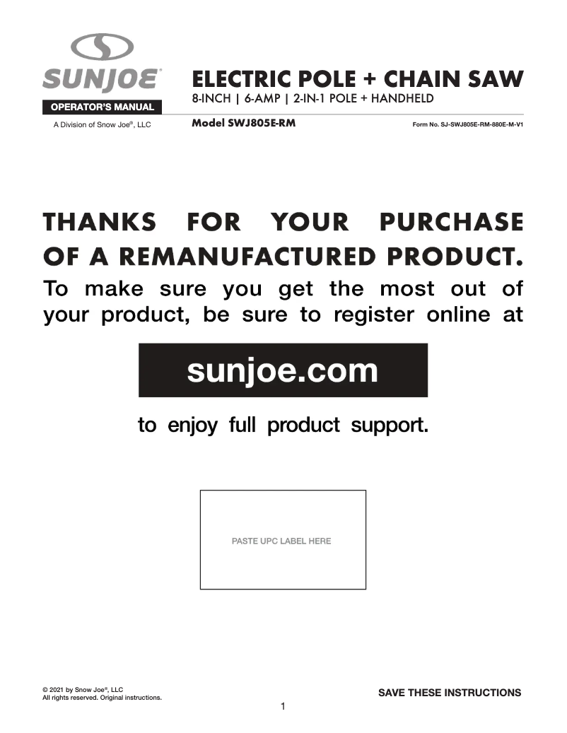 Page 1 of the manual User Manual Sun Joe SWJ805E-RM