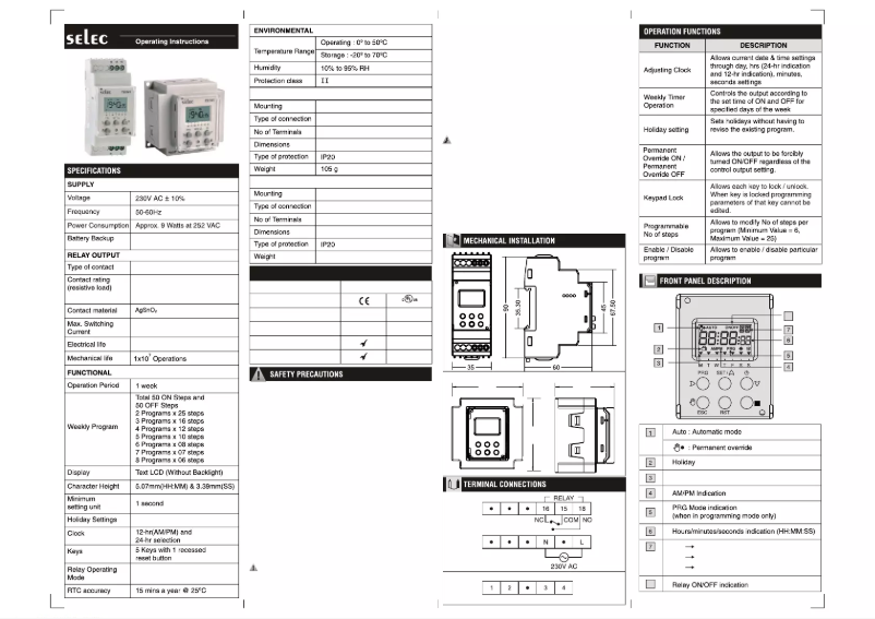 Page 1 of the manual User Manual Selec TS1W1-1-20A