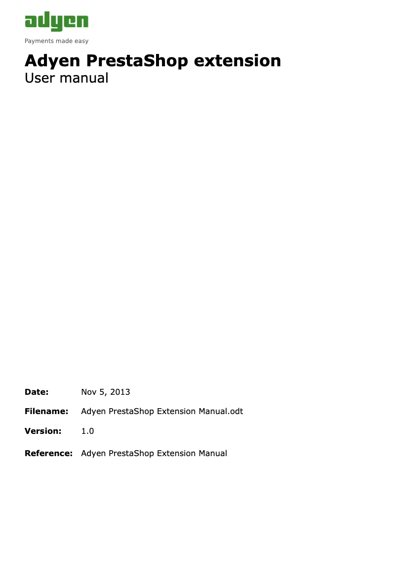 Page 1 of the manual User Manual Adyen PrestaShop extension