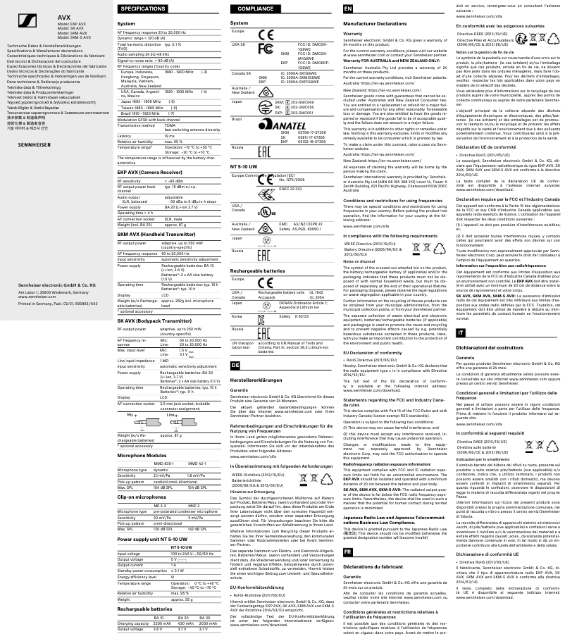Page 1 of the manual Technical Sheet Sennheiser SKM AVX-835S