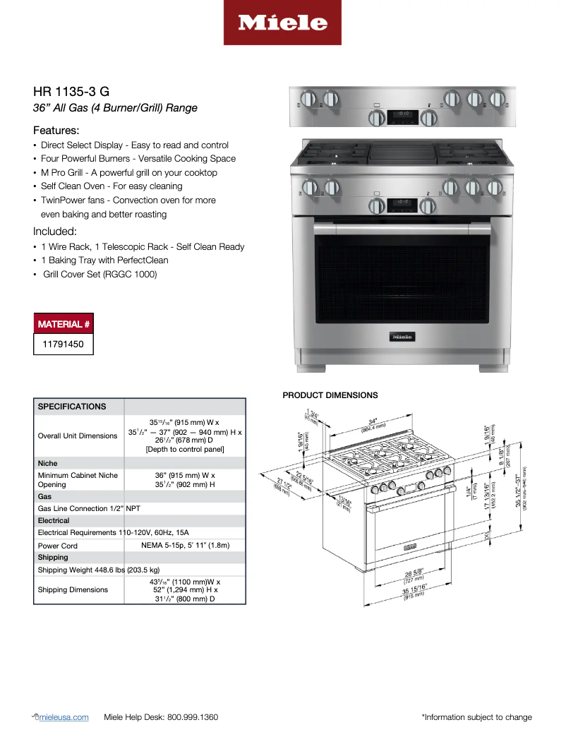 Page 1 of the manual Technical Sheet Miele HR 1135-3 G