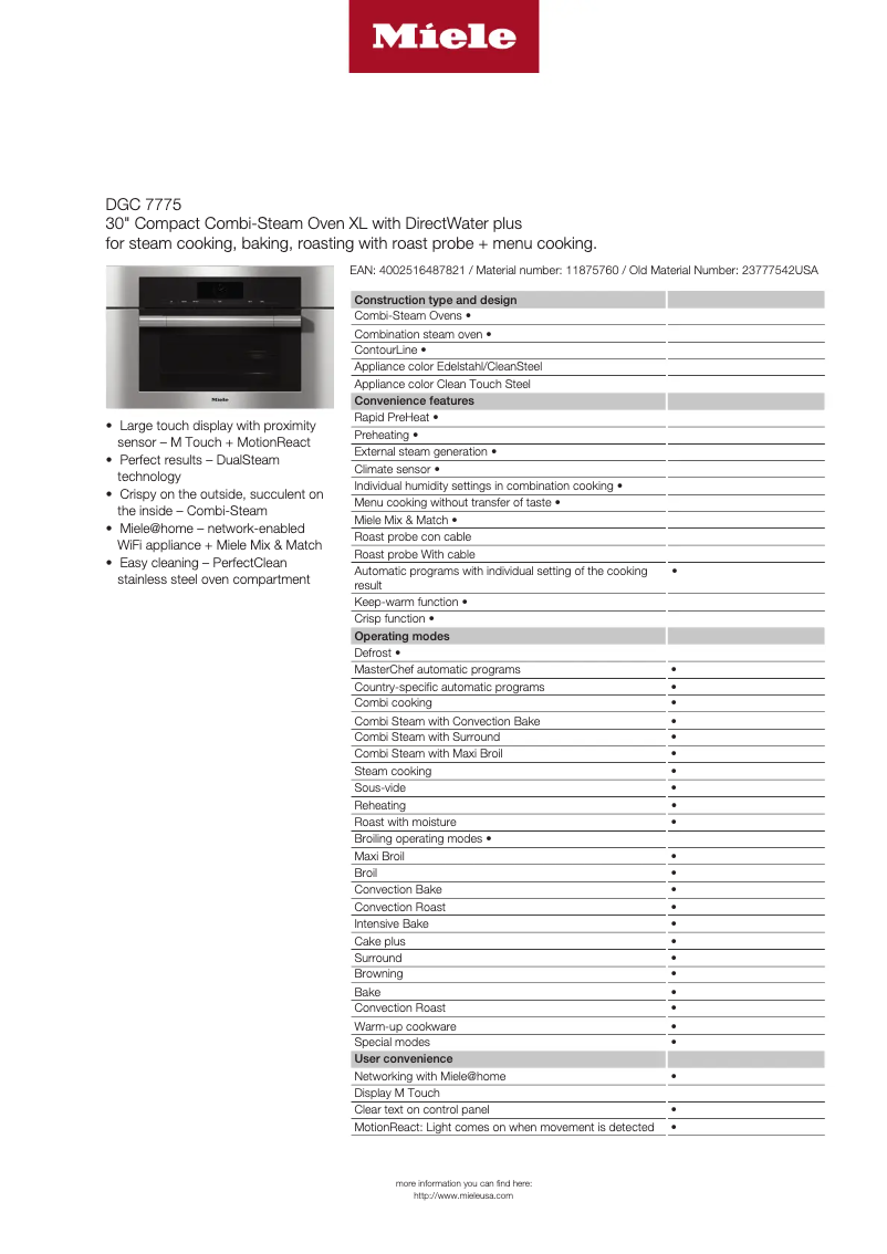 Page 1 of the manual Technical Sheet Miele DGC 7775