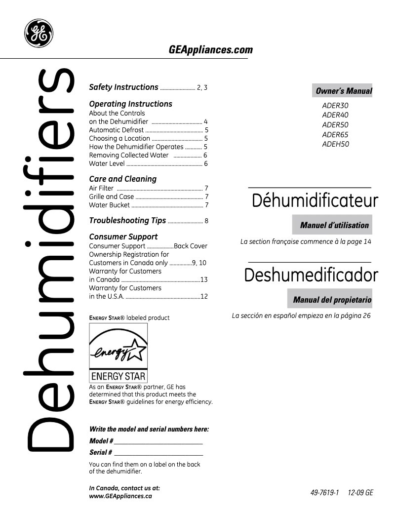 First page image of the manual for ADER40LN